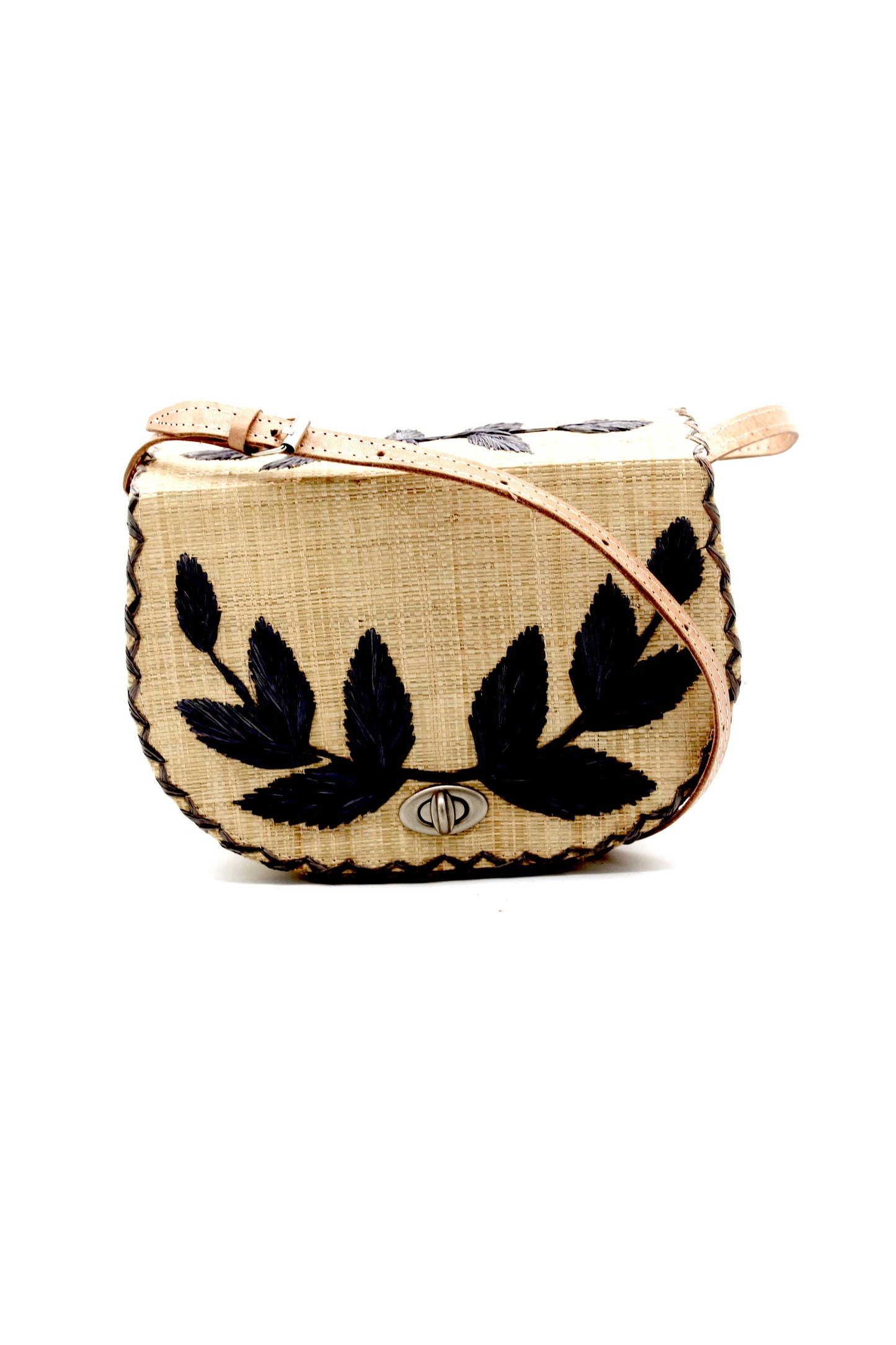 Embroidered Straw Crossbody Bag, Natural with Black