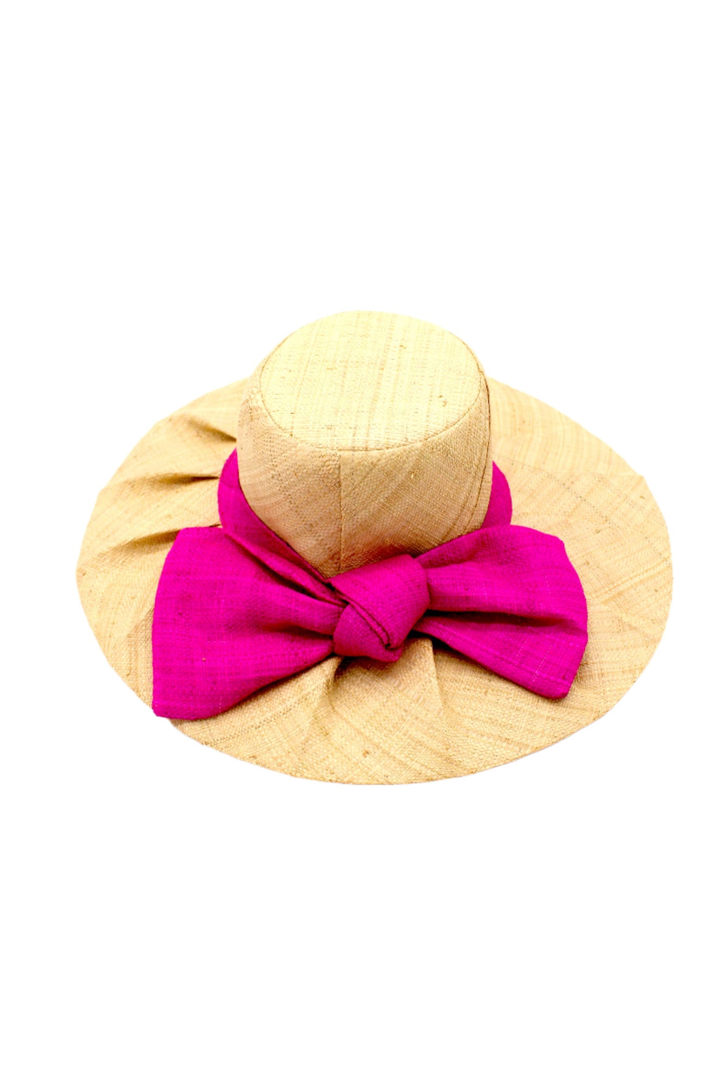 Pleated Raffia Sun Hat with Bow, Fuchsia