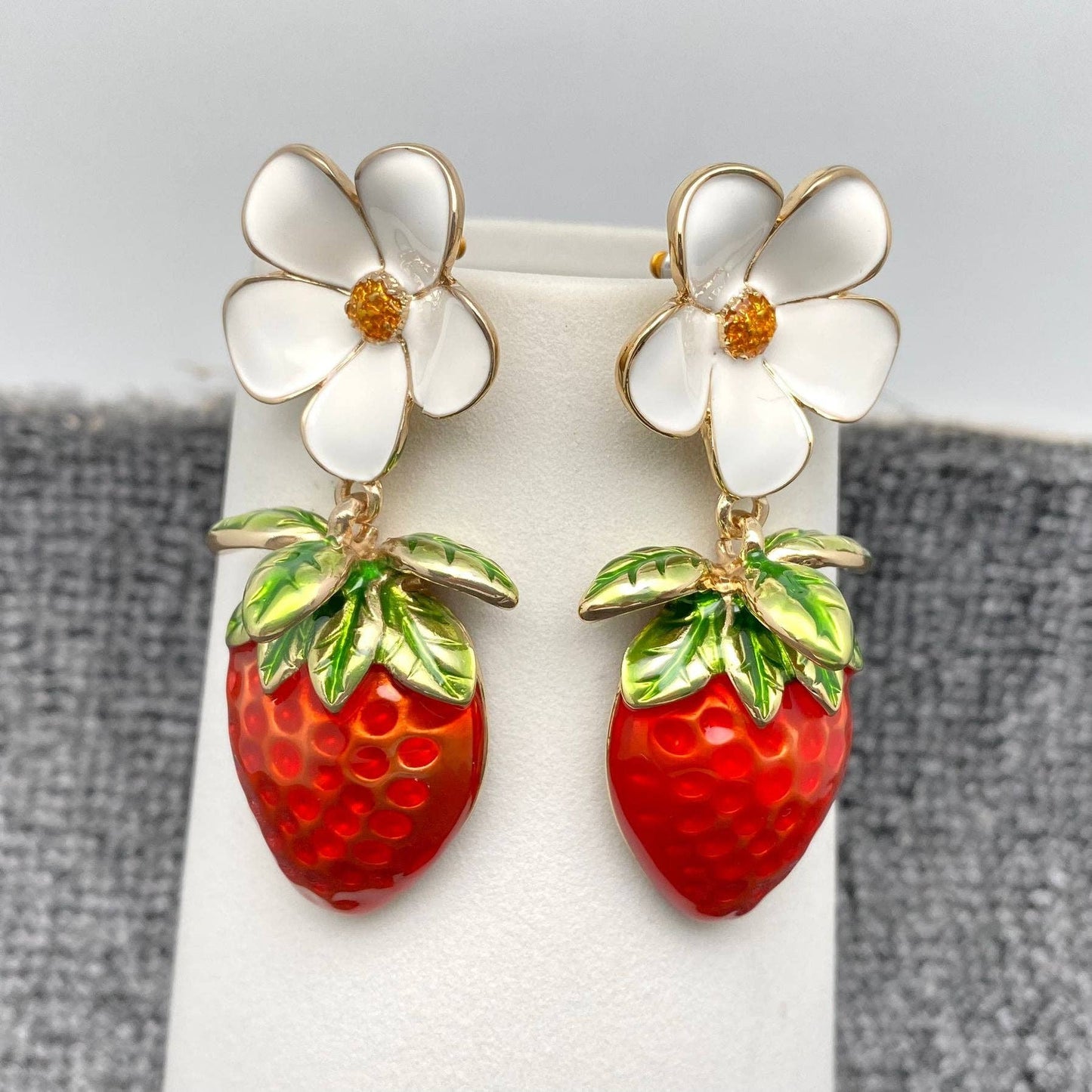 Large Strawberry & Daisy Enamel Earrings