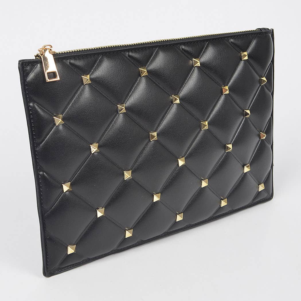 Studded Quilted Vegan Leather Pouch, Black