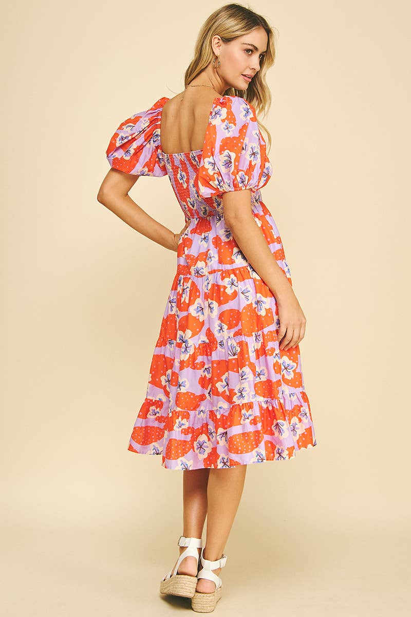 Floral Print Smocked Midi Dress, Lavender/Red
