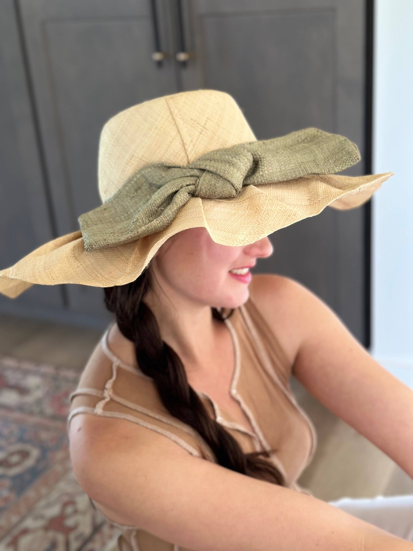 Pleated Raffia Sun Hat, Black Bow