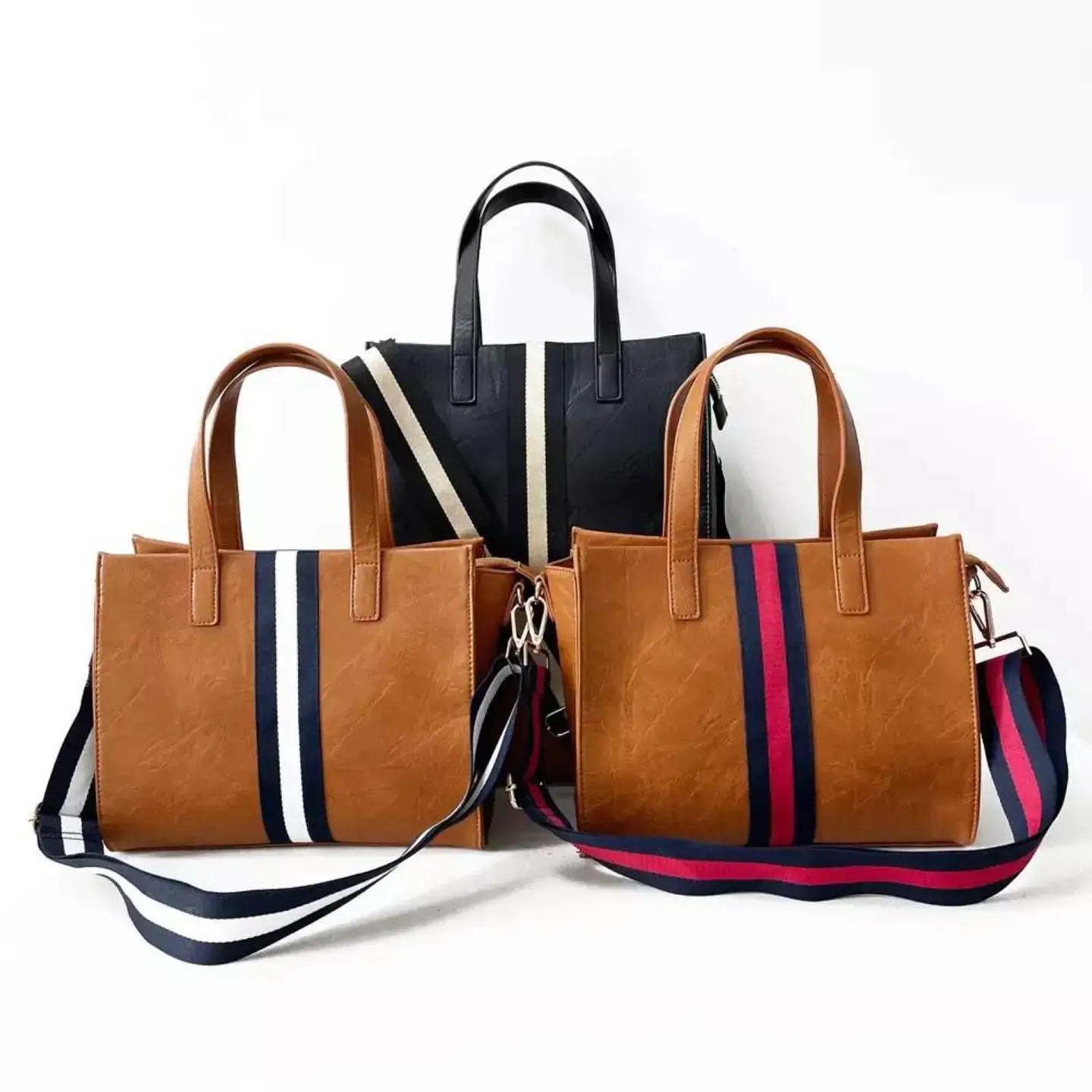 The Drea Striped Vegan Leather Messenger Mini Tote : Brown with Red Stripe