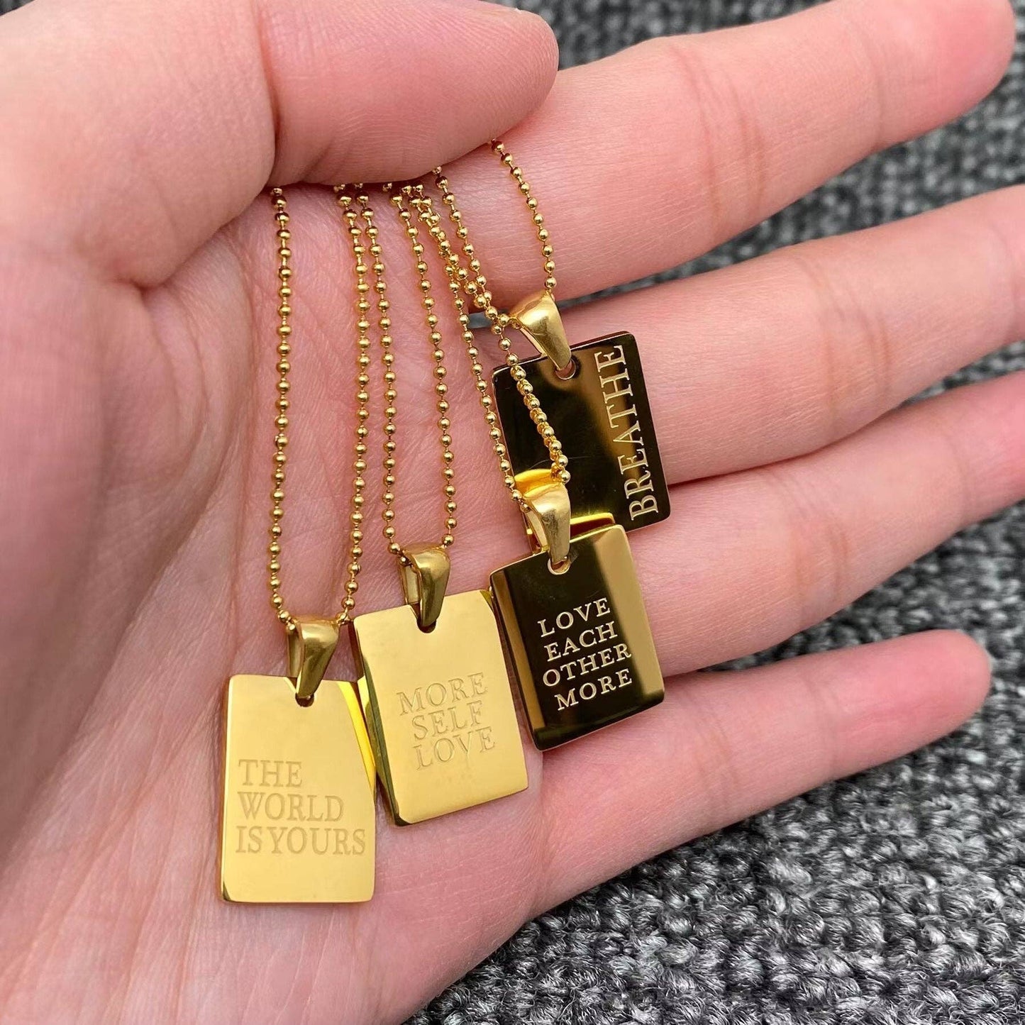 Inspiring Square Charm 18K Gold Plated S.Steel Necklace - FGS: LOVE EACH OTHER MORE