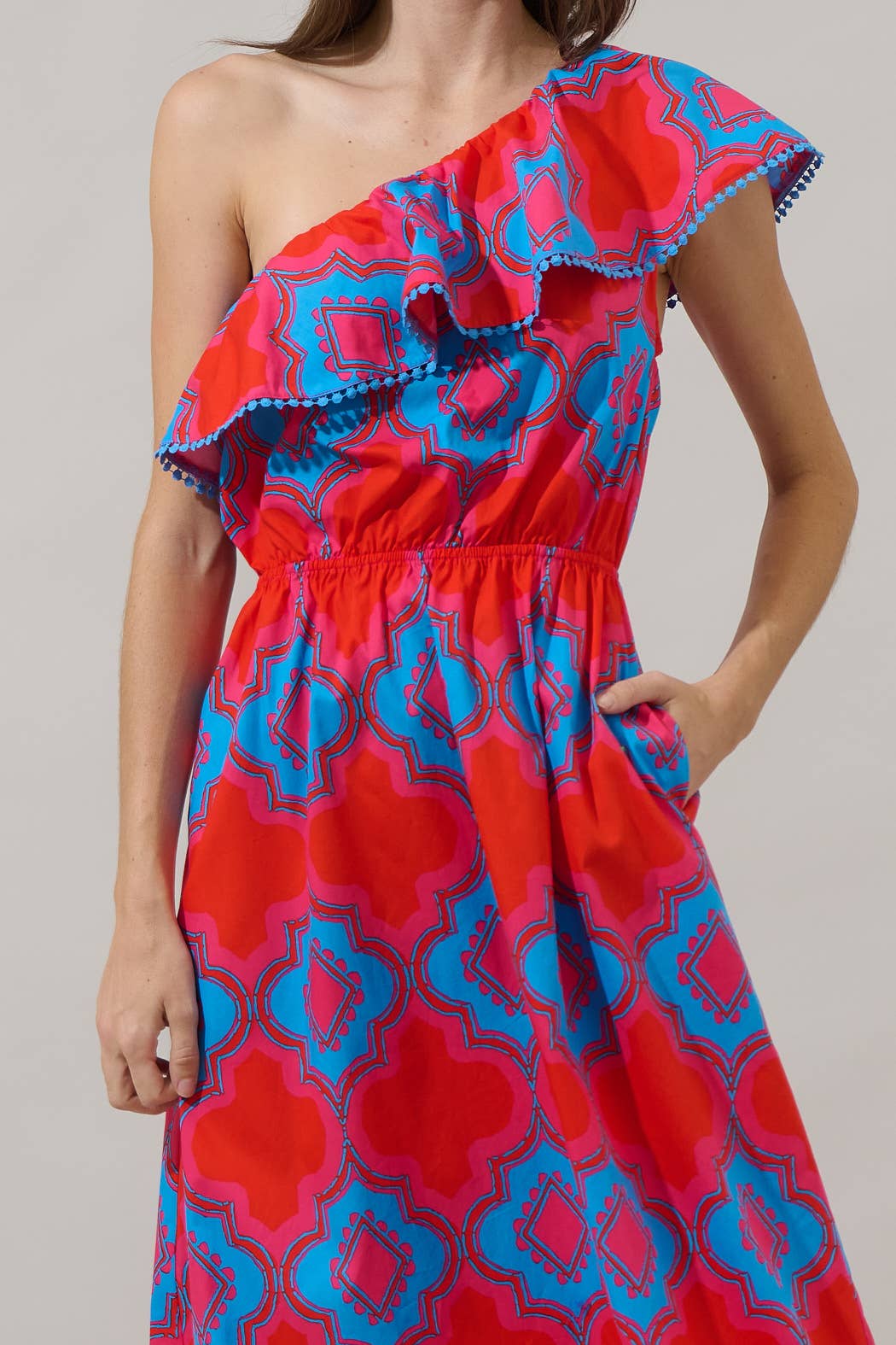 One Shoulder Maxi Dress - Red and Blue