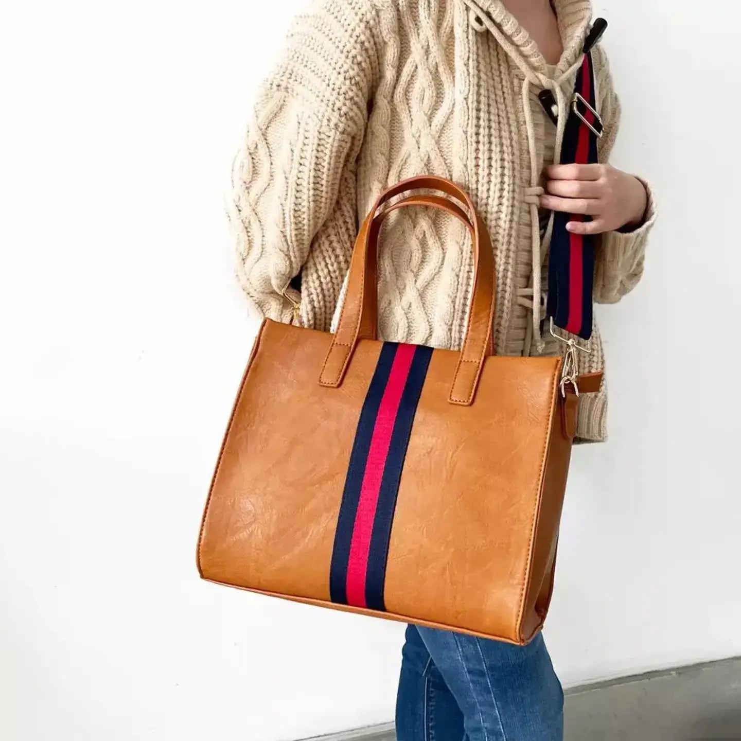 The Drea Striped Vegan Leather Messenger Mini Tote : Brown with Red Stripe