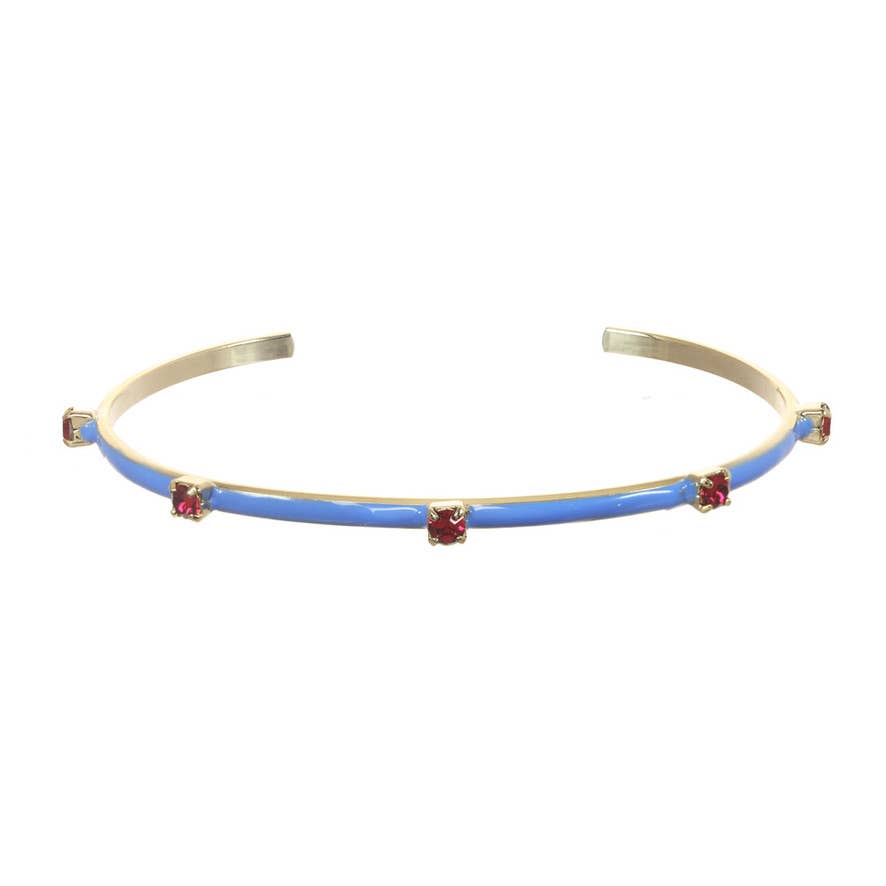 blue enamel cuff with purple gemstones