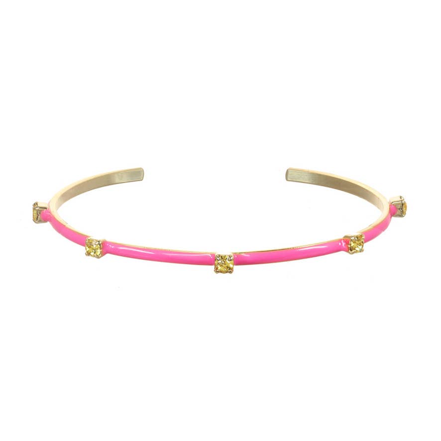 pink enamel cuff with yellow crystals