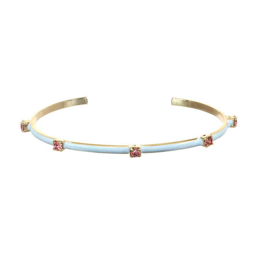 light blue enamel cuff with purple crystals