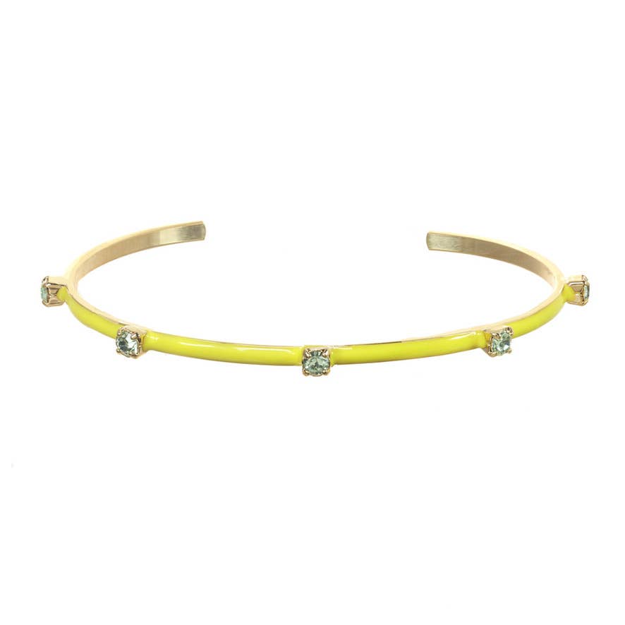 yellow enamel cuff with light blue crystals