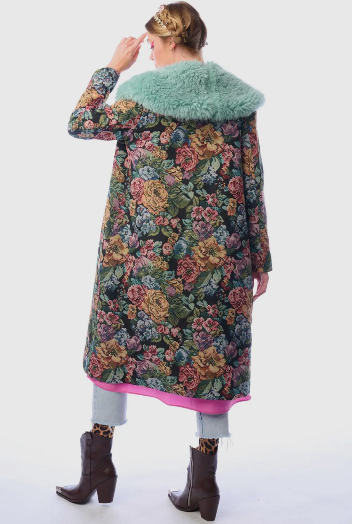 Jacquard Coat with Faux Fur Collar