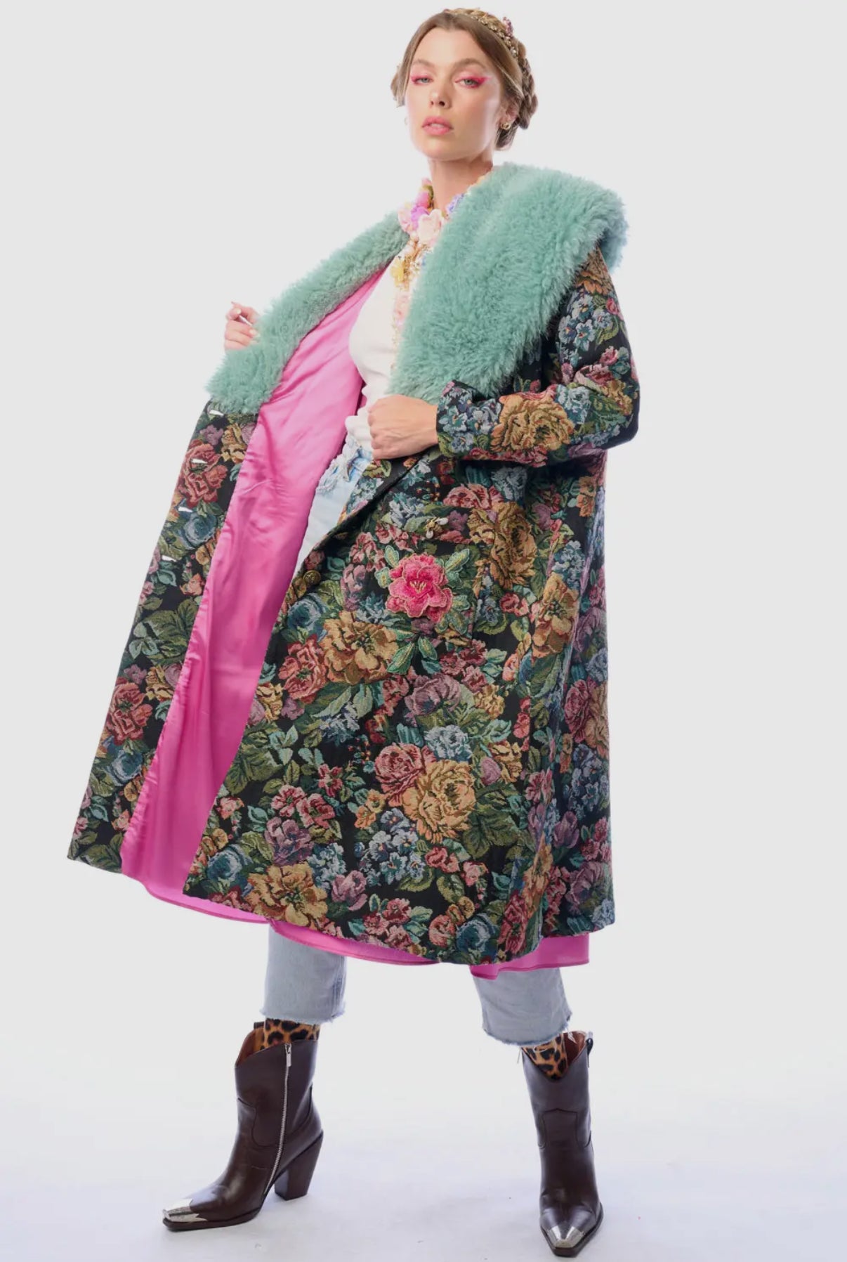 Jacquard Coat with Faux Fur Collar