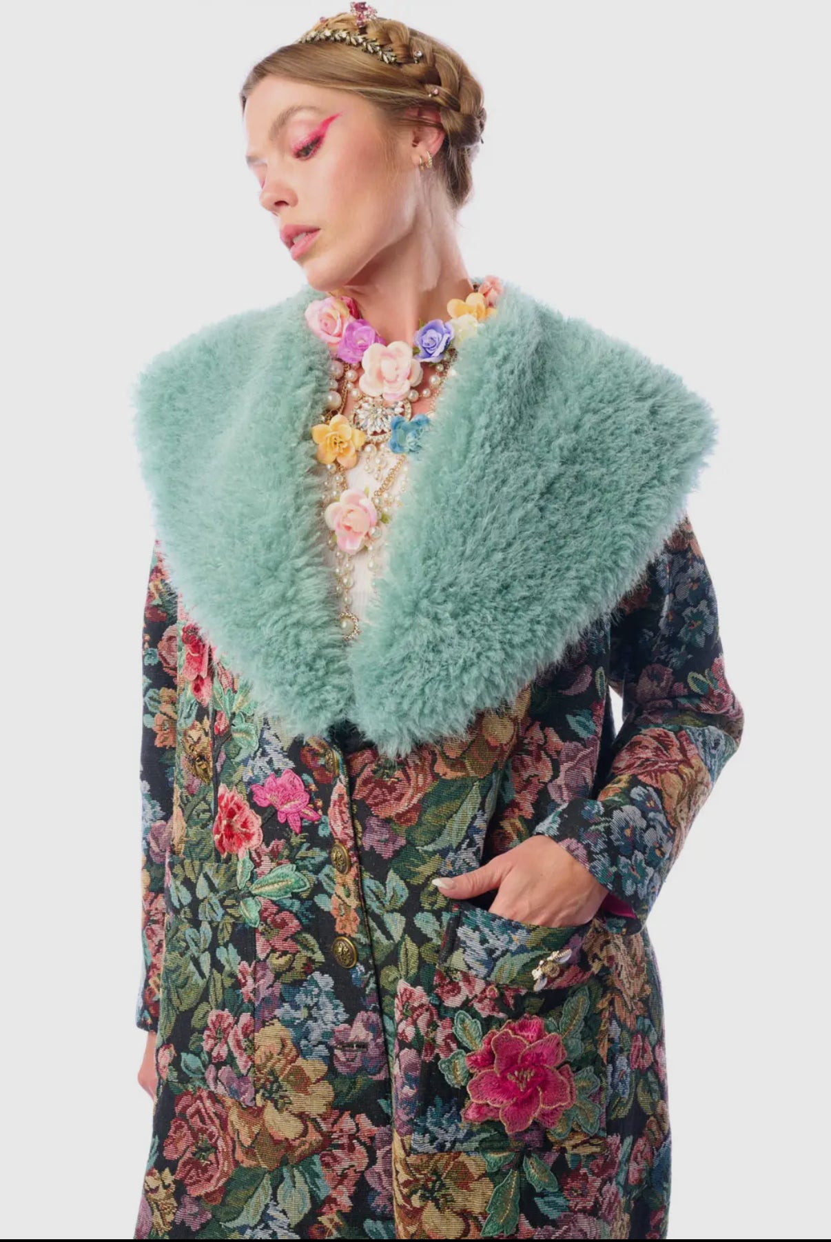 Jacquard Coat with Faux Fur Collar