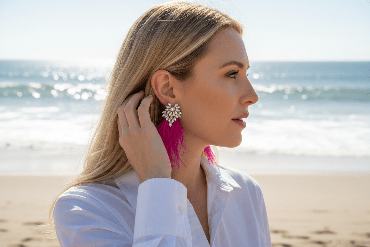 Fuchsia Feather & Rhinestone Earrings