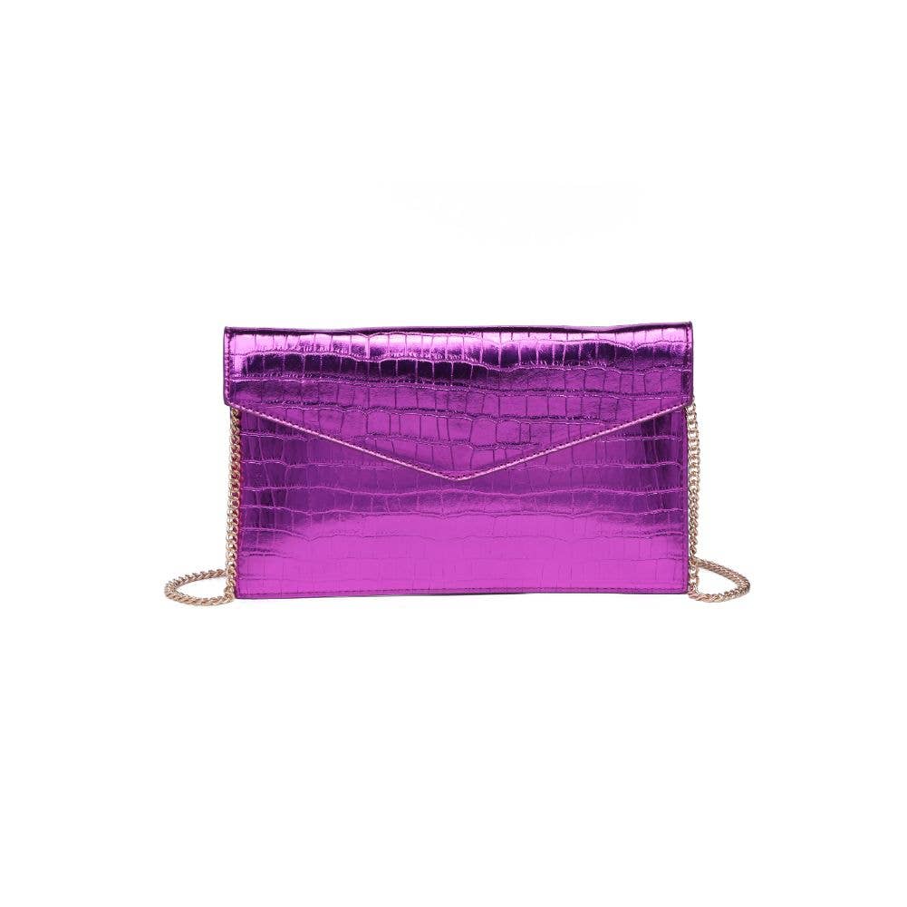 Fuchsia metallic croc-embossed envelope clutch purse with gold hardware against a white background — front view