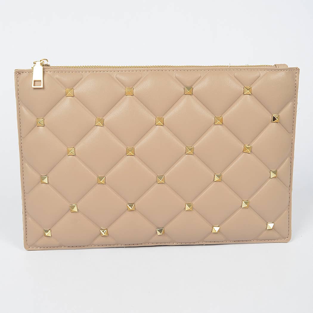 Studded Quilted Vegan Leather Pouch, Nude