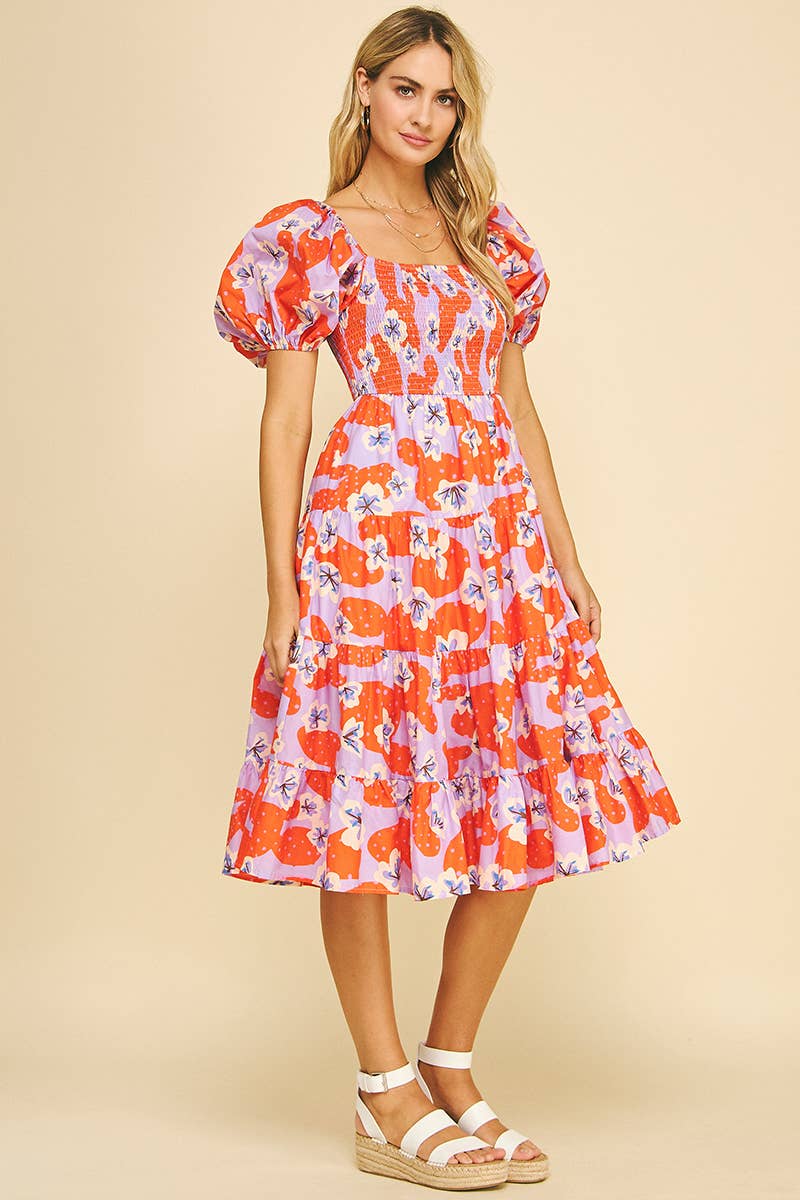 Floral Smocked Midi Dress with Bubble Sleeves