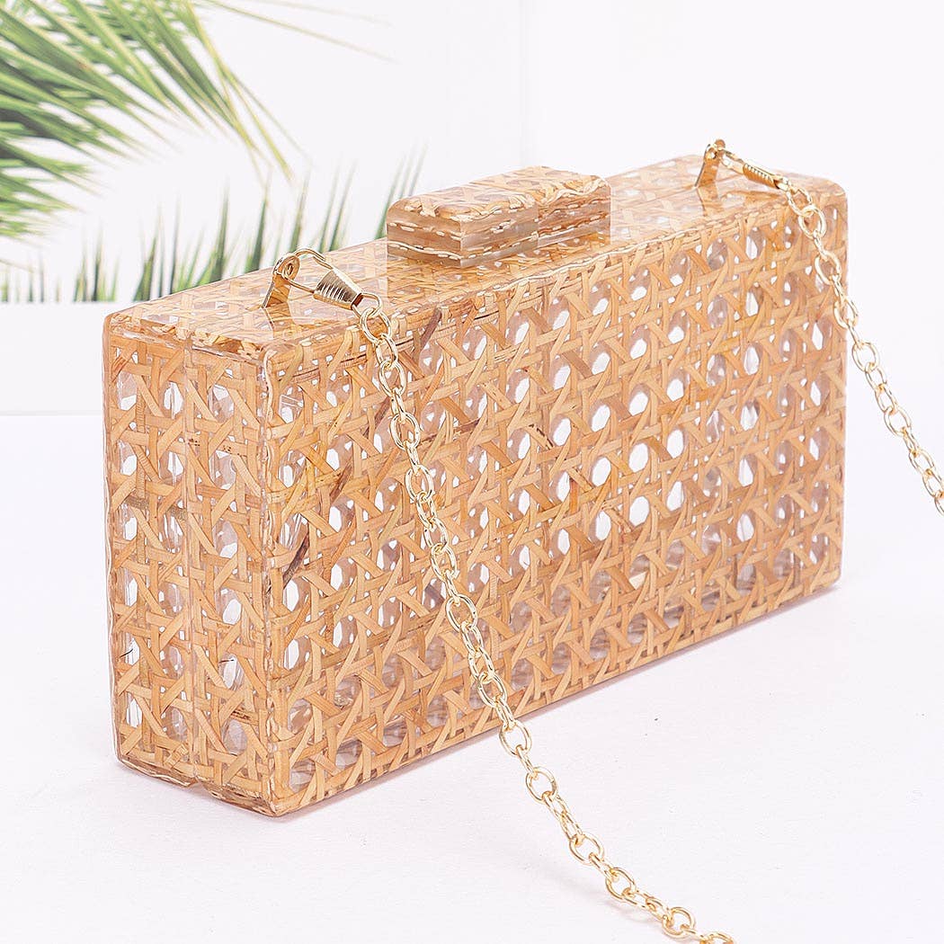 angled view of acrylic clutch purse with bamboo motif and gold shoulder chain