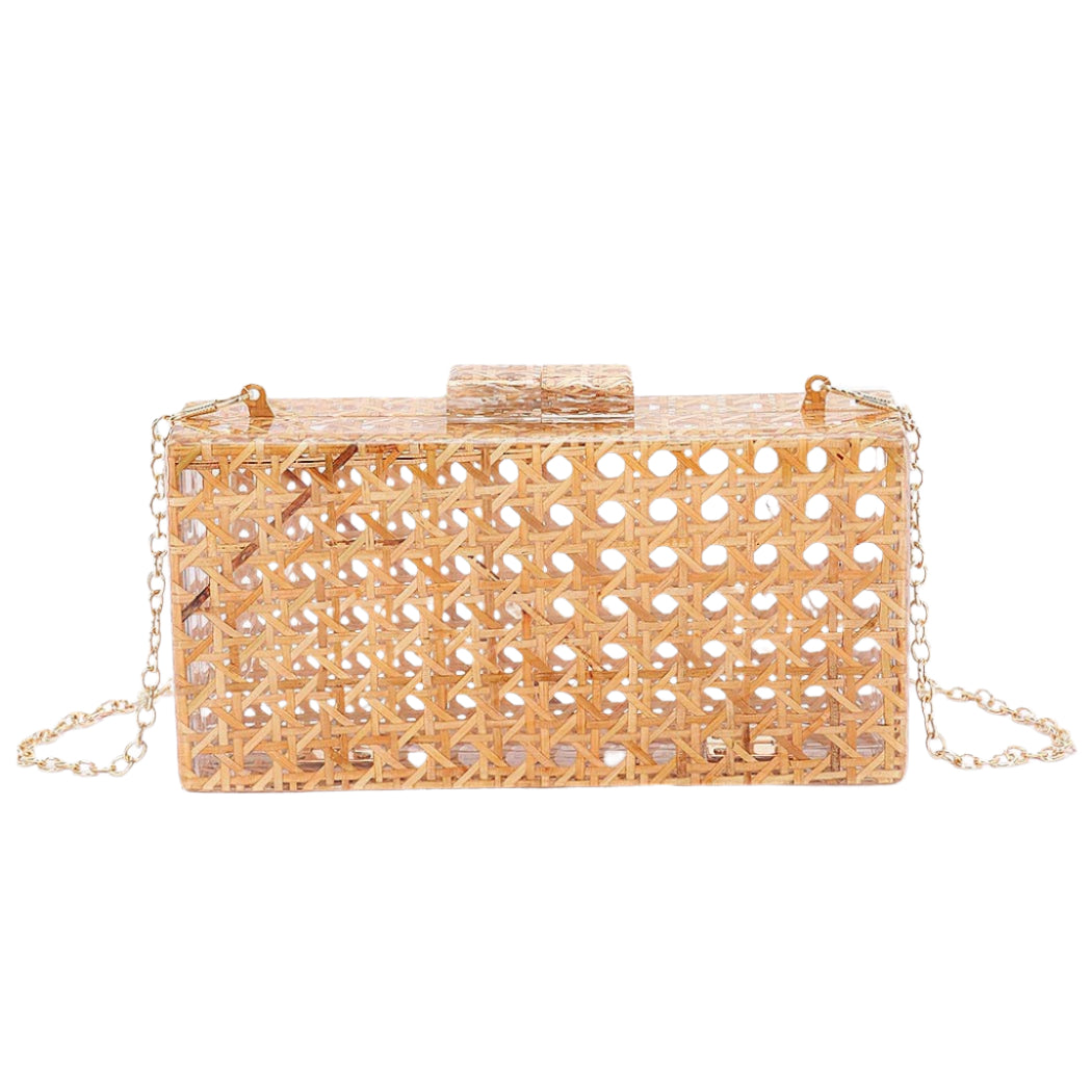 acrylic clutch with bamboo motif and gold chain