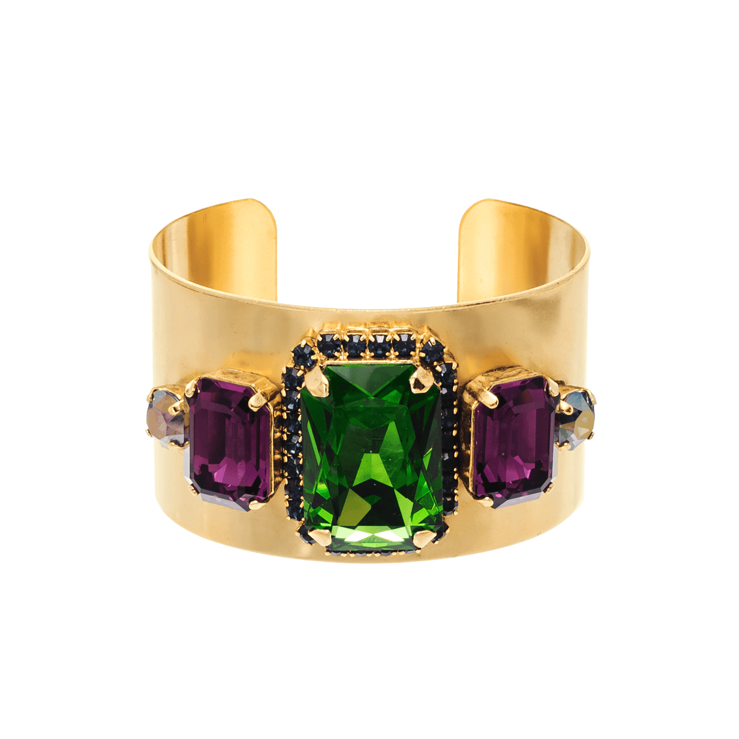 Gold bracelet with green and purple gemstones on a white background