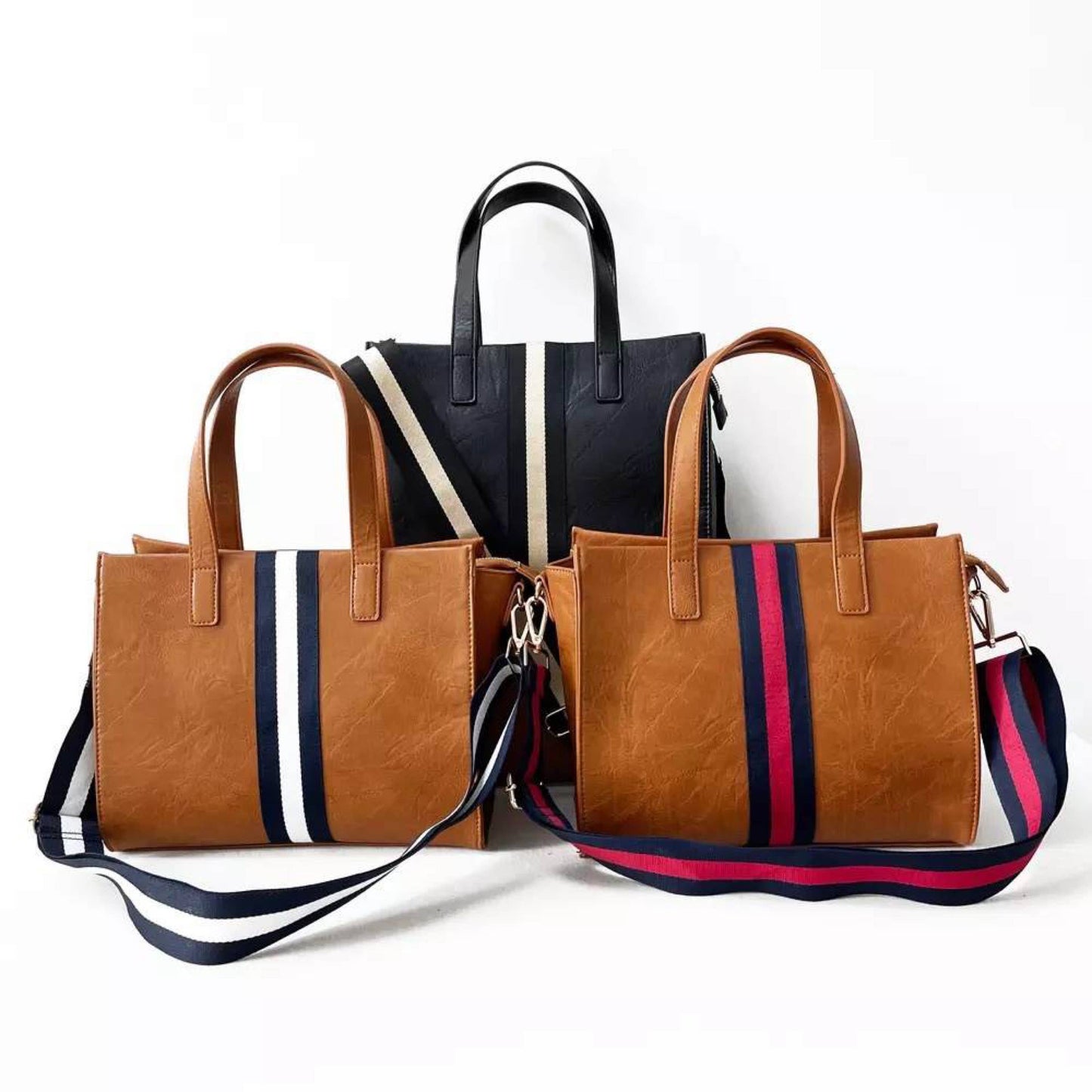 The Drea Striped Vegan Leather Messenger Mini Tote: Brown with Navy Stripe