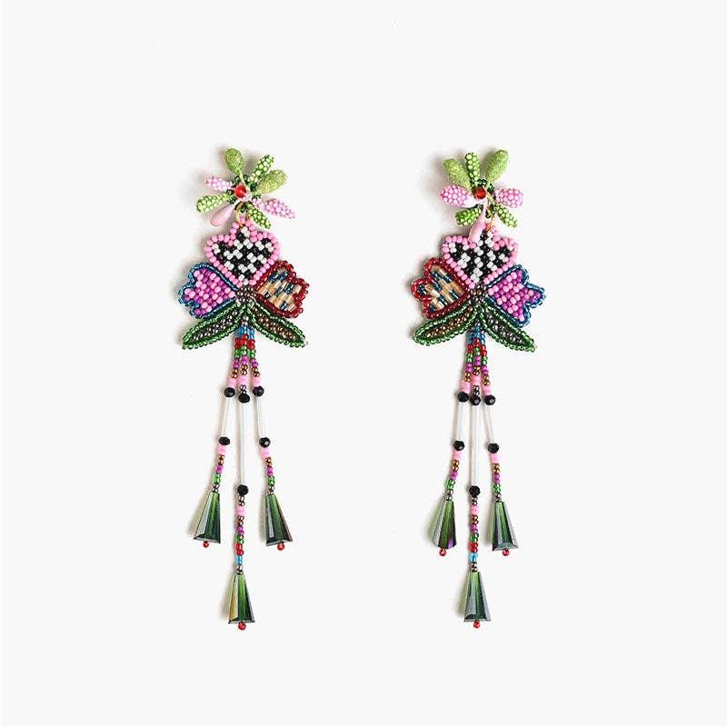 beaded flower multi colored dangle earrings