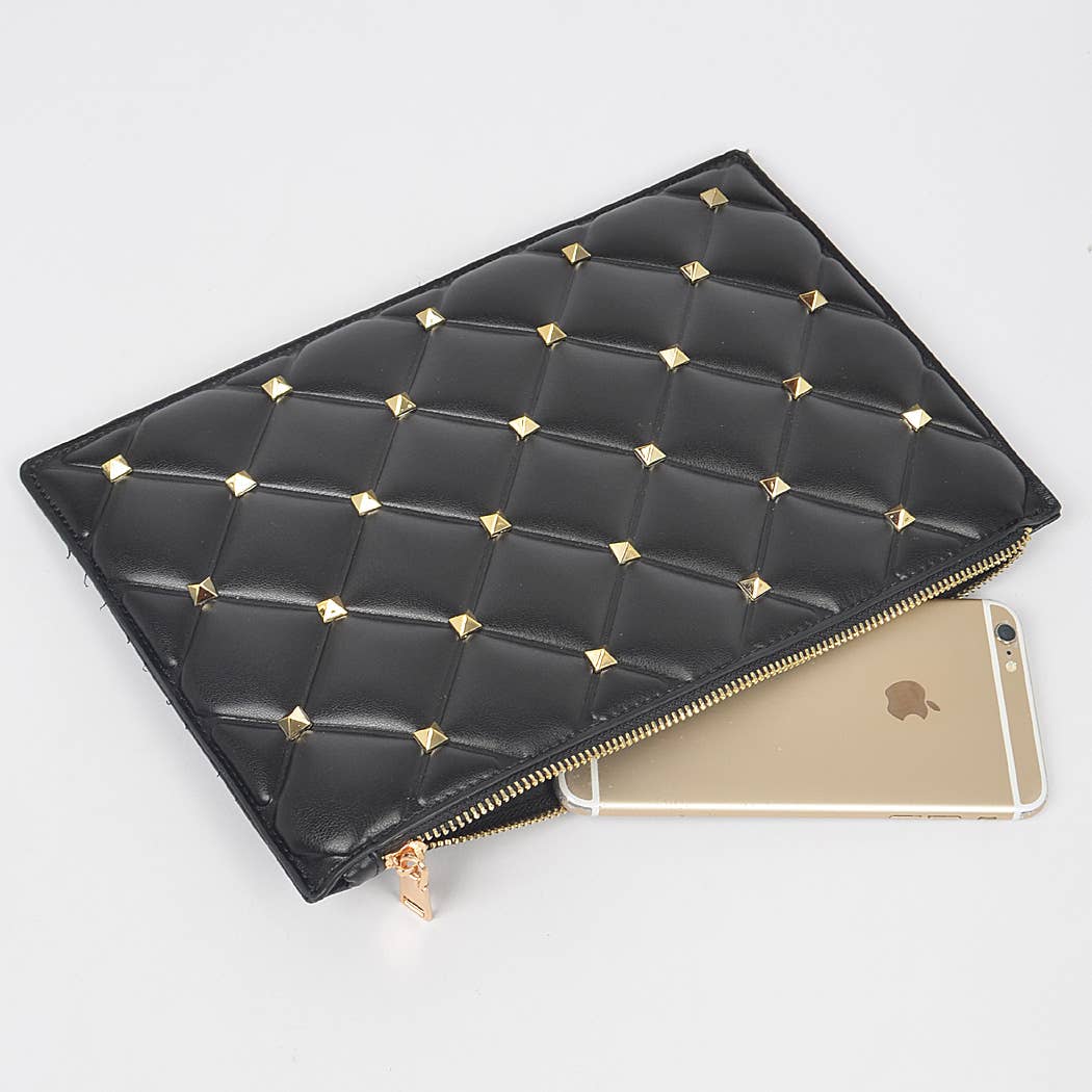 Black quilted vegan leather pouch with iPhone shown for size reference — lifestyle view