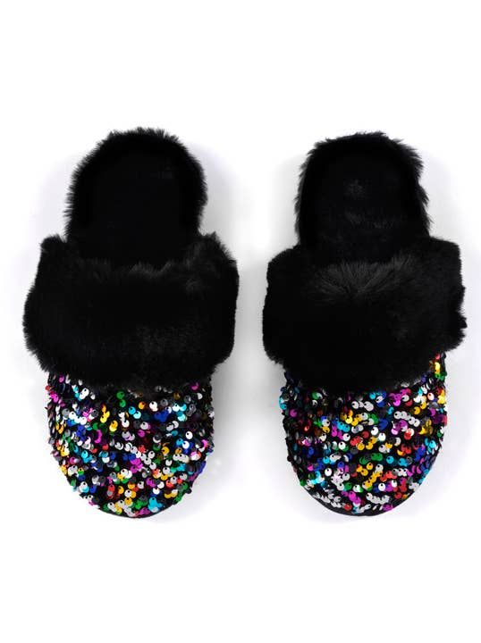 Multicolor rainbow sequin faux fur slippers with black plush fur trim — top view showing slide-on style against a white background