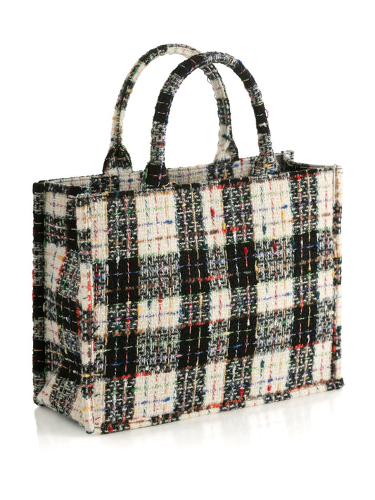 Black white tweed tote bag