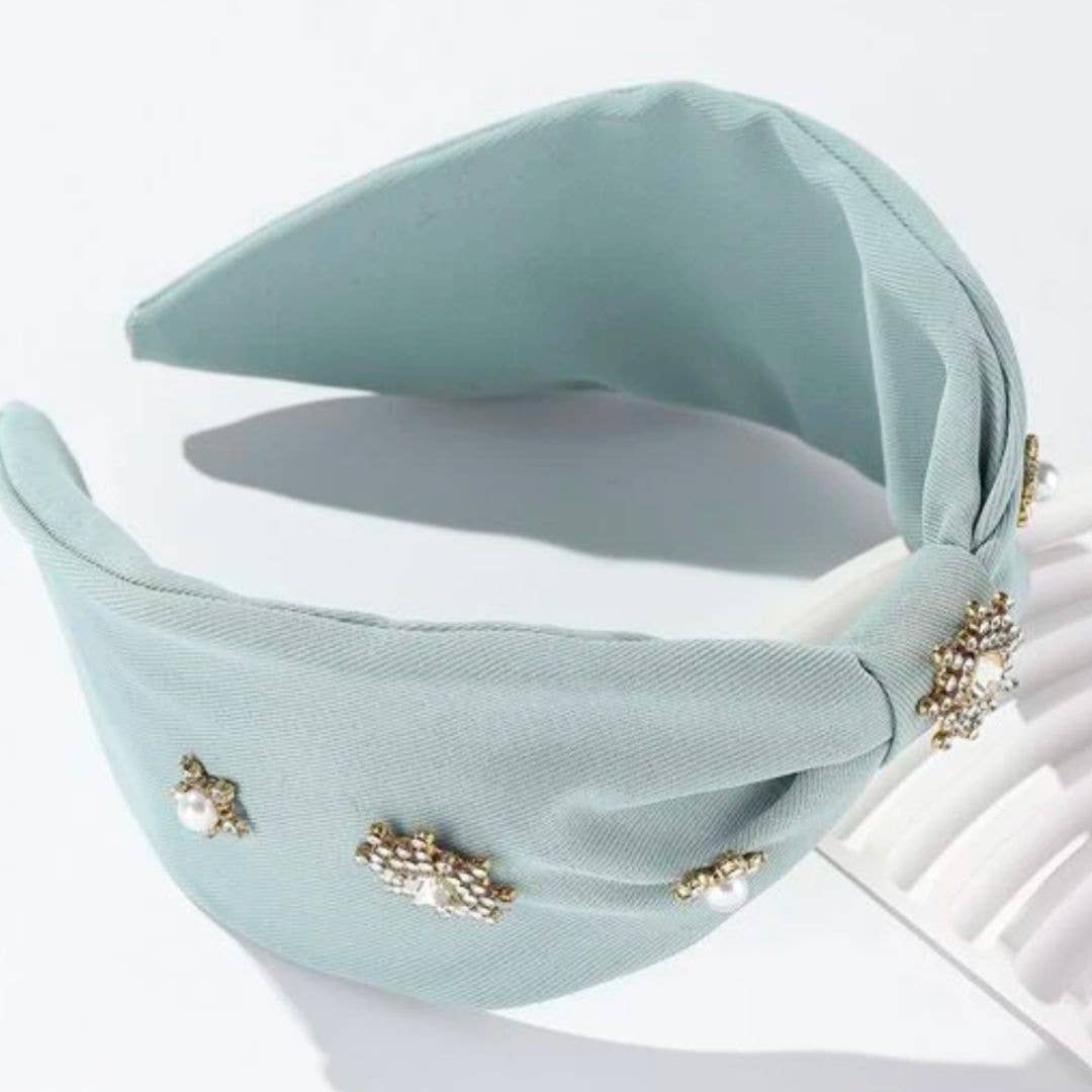 light blue headband with pearl and crystal embellishment