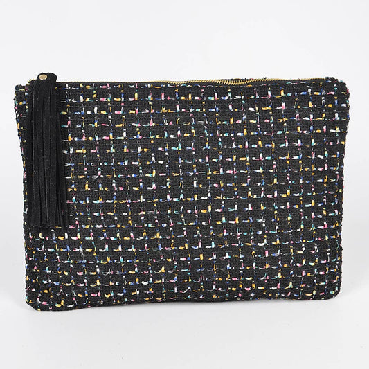 Rainbow Tweed Tassel Pouch, Black