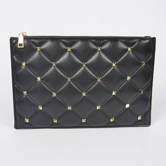 Studded Quilted Vegan Leather Pouch, Black