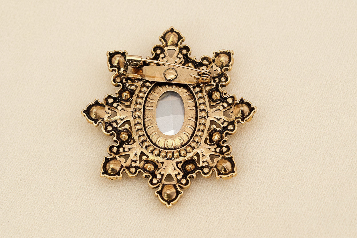 Back view of cognac crystal starburst brooch showing the pin closure against a grey textured background