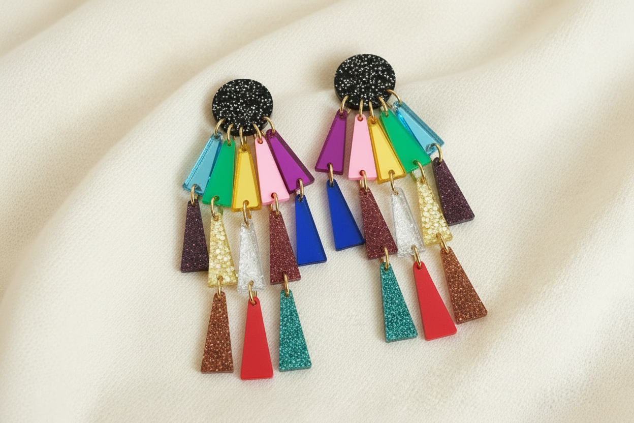 colorful acrylic earrings against an ivory fabric