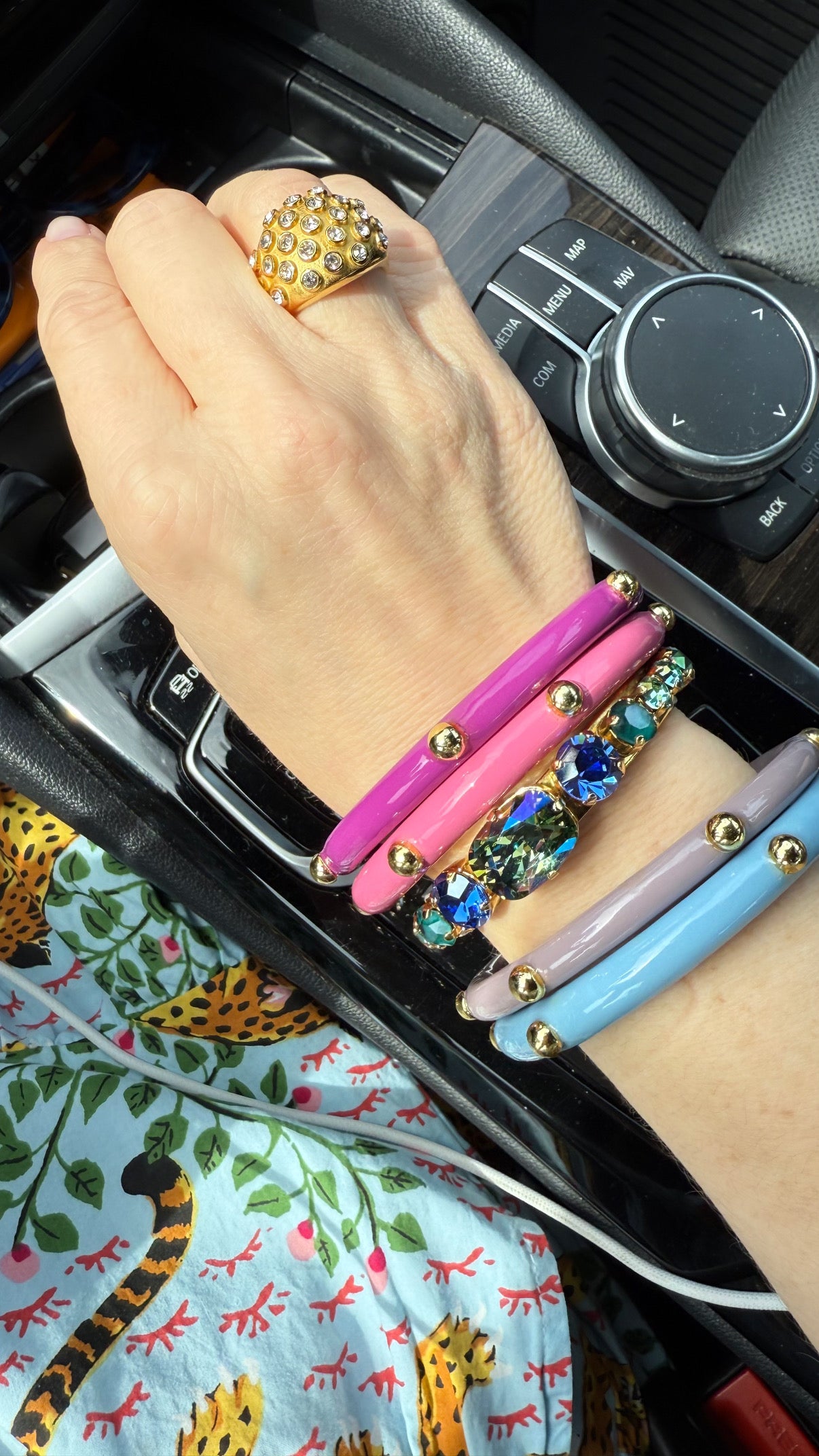 Woman wearing aqua verde crystal cuff bracelet on wrist