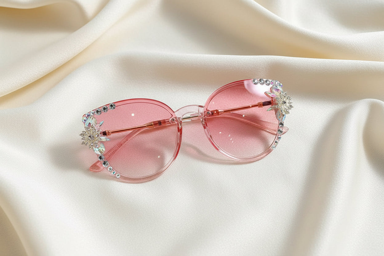 a woman's hand holding crystal embellished cat eye sunglasses with pink lens and a white sunglass case against an ivory faux fur background