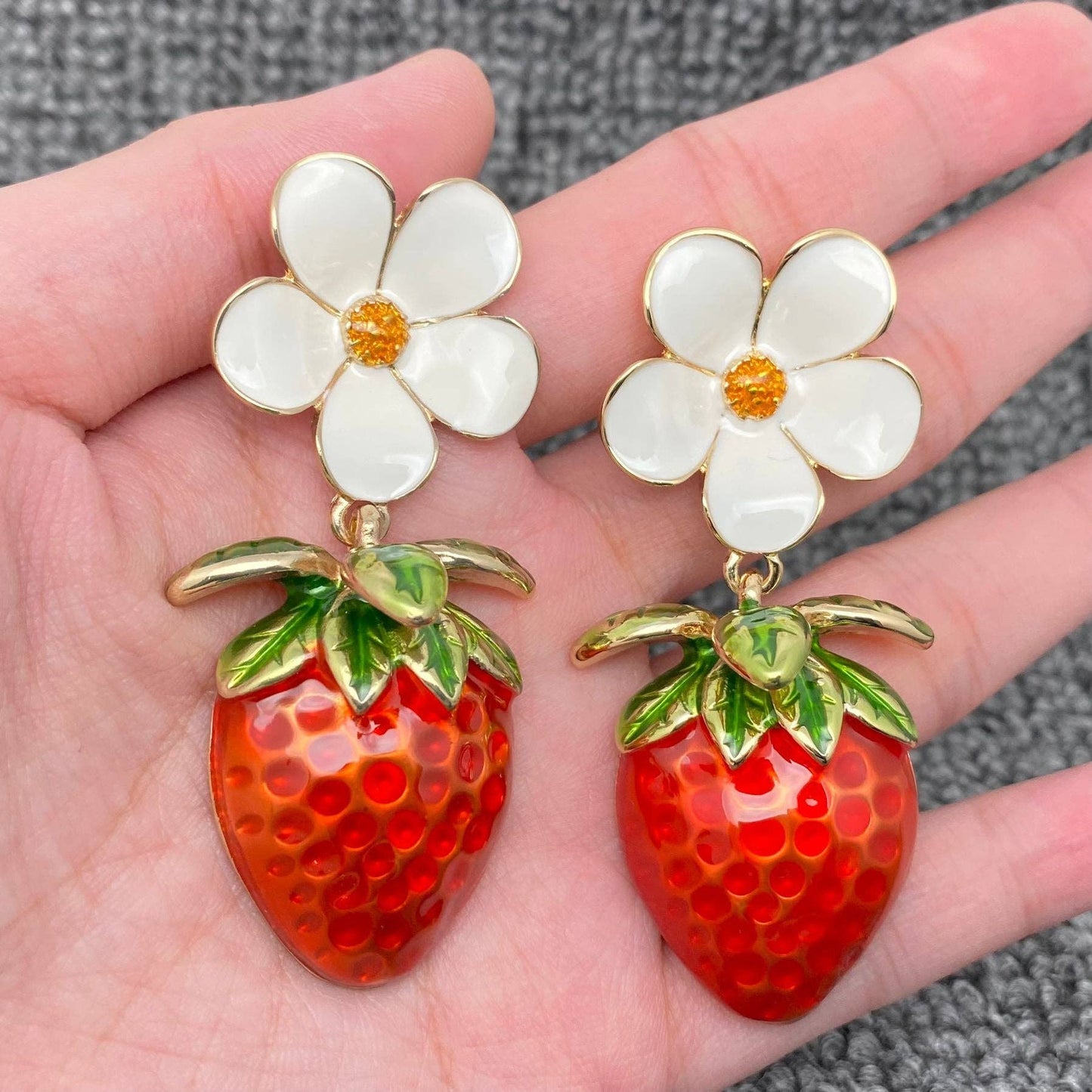 Large Strawberry & Daisy Enamel Earrings