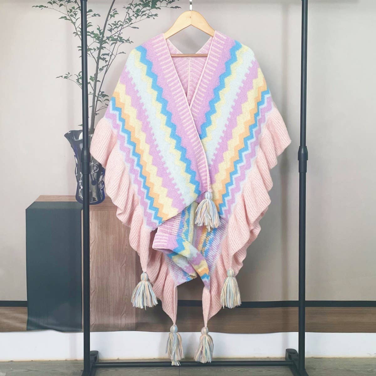 Paulina Knit Poncho with Tassel Accents, Bubblegum