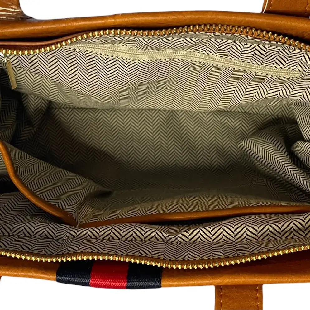 Vegan Leather Messenger Tote, Navy/Red Stripe