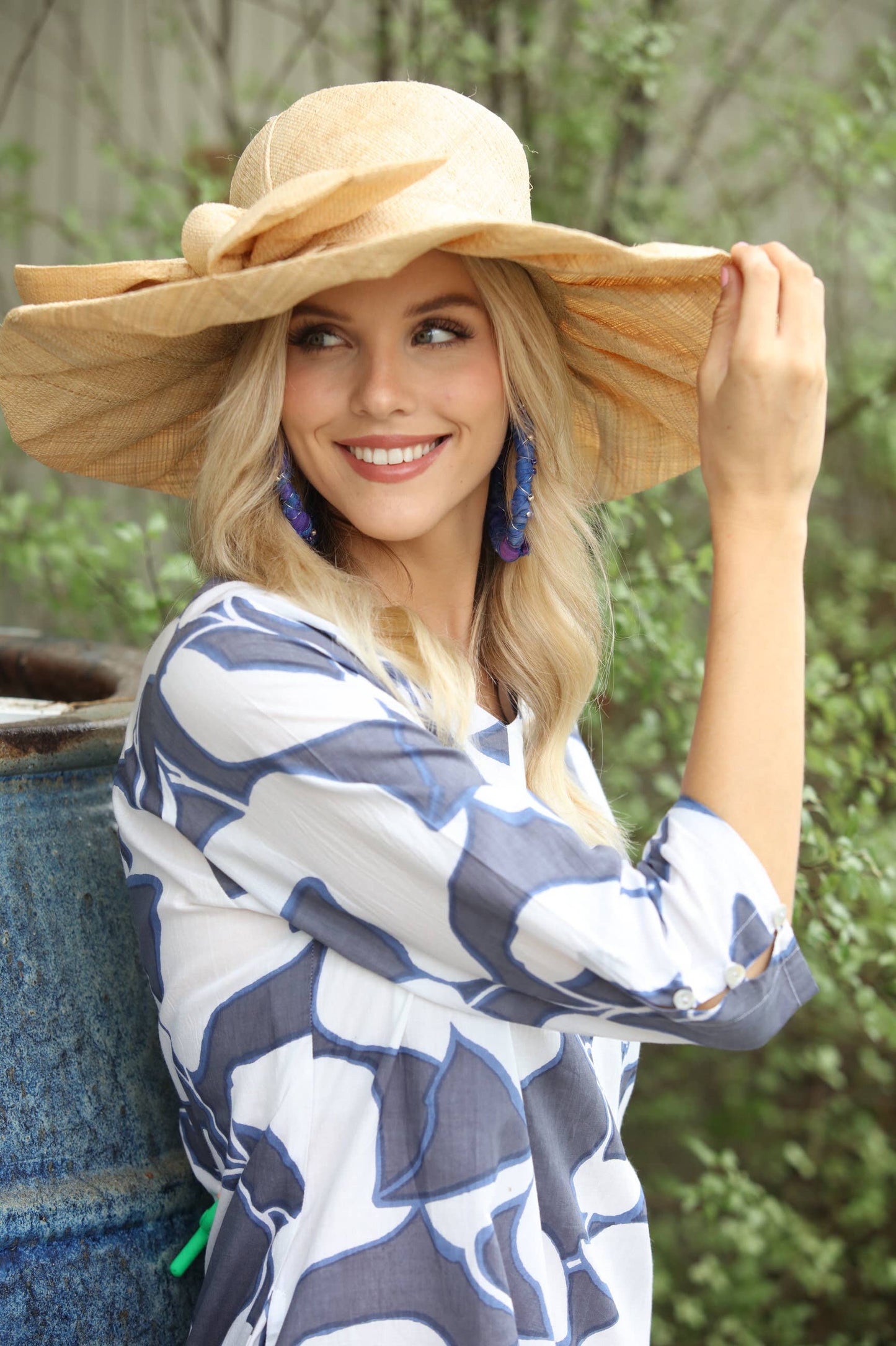 Pleated Raffia Sun Hat with Bow, Fuchsia