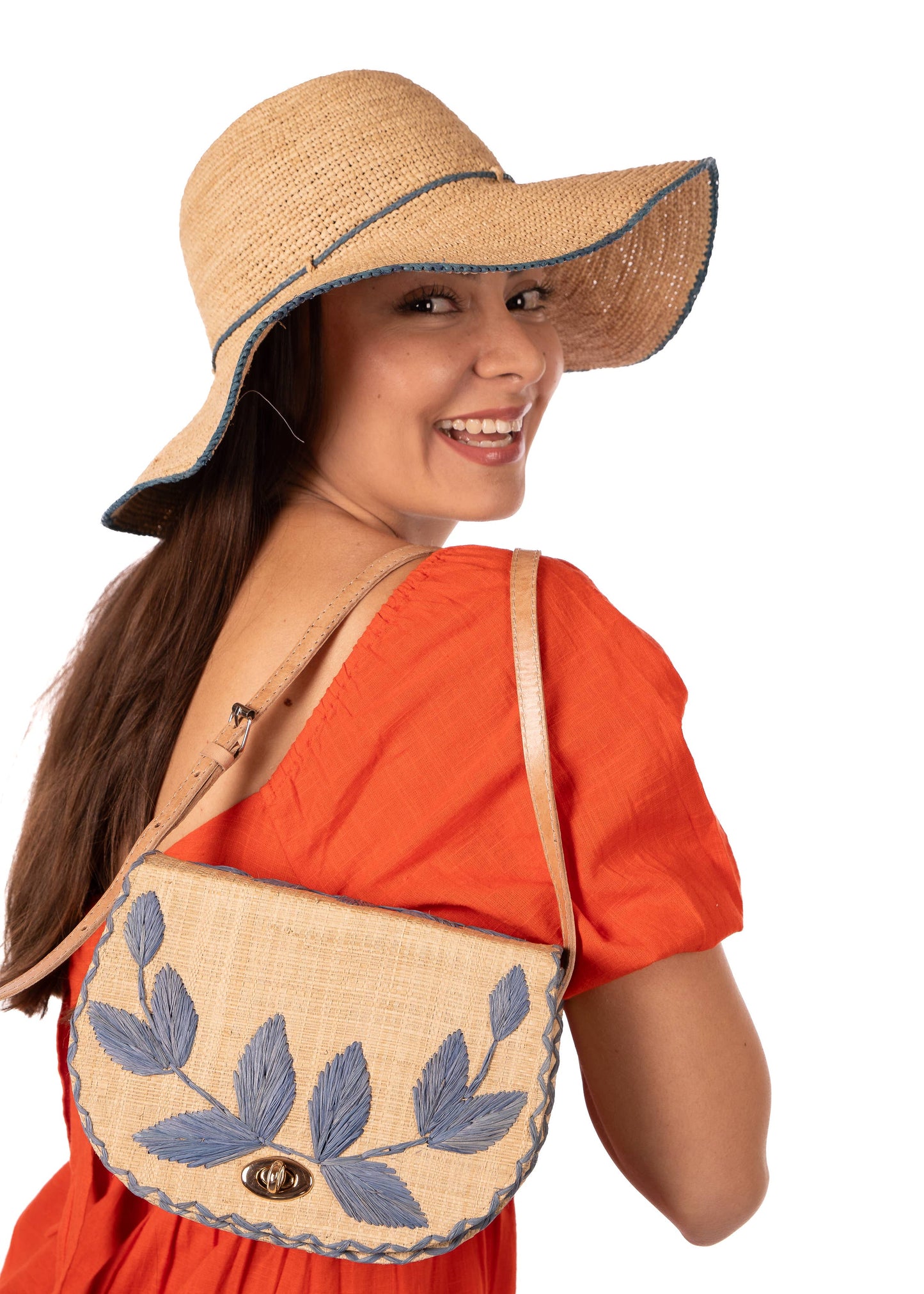 Embroidered Straw Crossbody Bag, Natural with Black