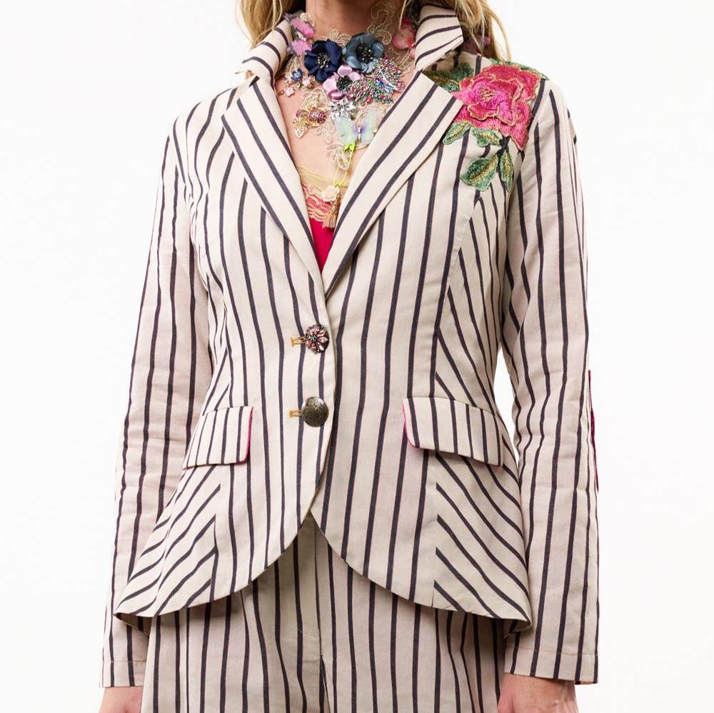 Floral Embellished Blazer, Black & Cream Stripe