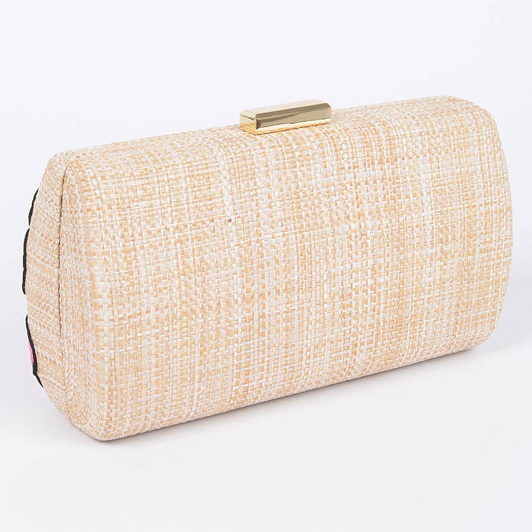 back view of raffia clutch with gold closure on the top