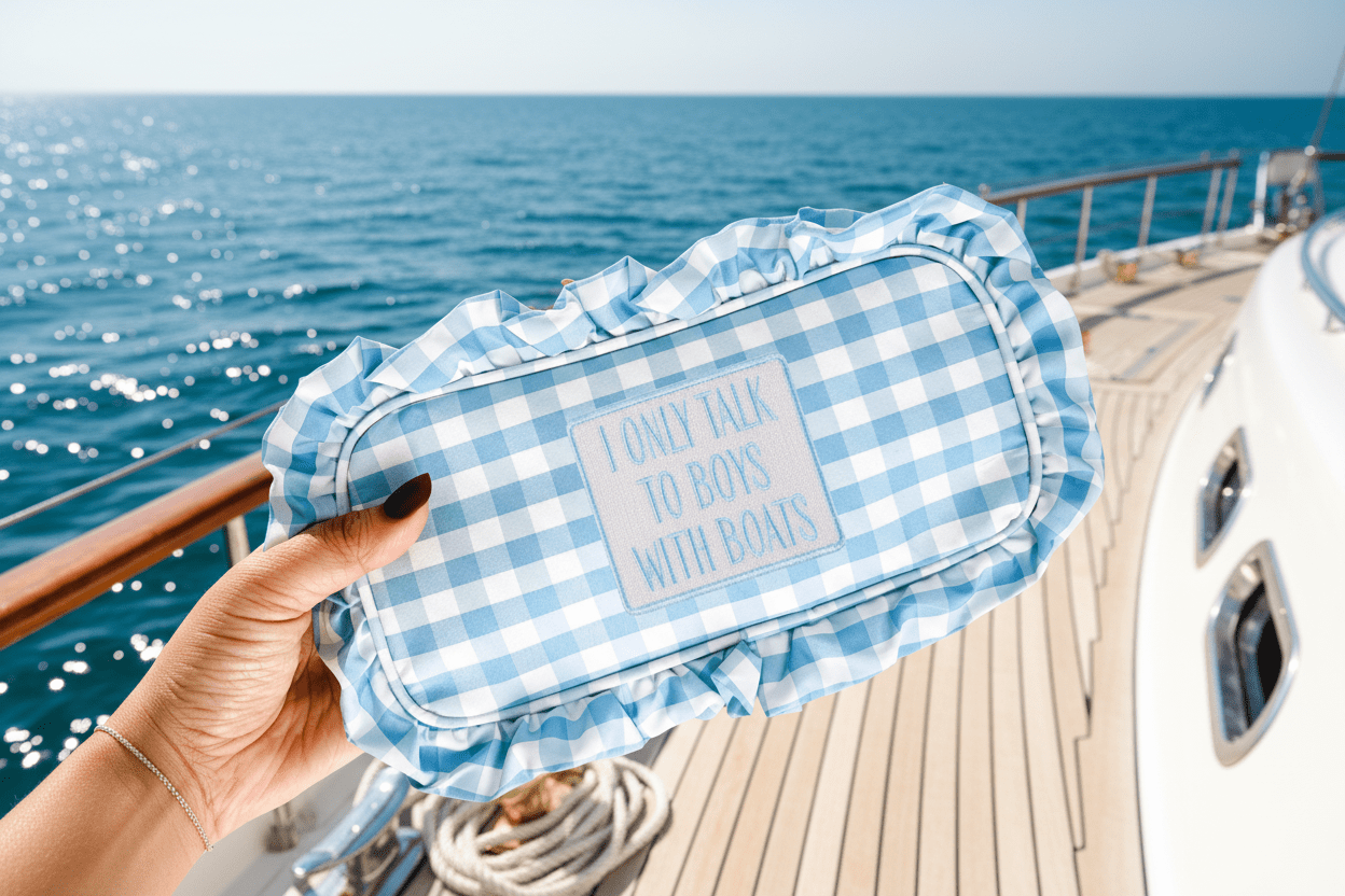 Blue and white checkered pouch with text held by a hand with a boat and ocean in the background
