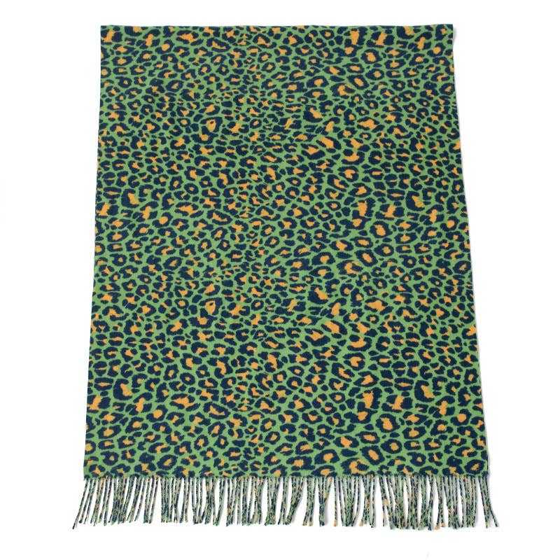 green leopard print scarf with fringe