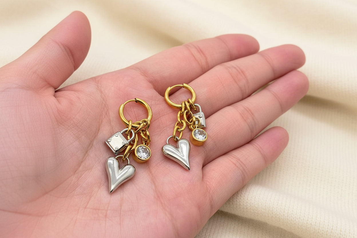 Gold Heart and Lock Dangle Earrings | 18K Gold Plated Stainless