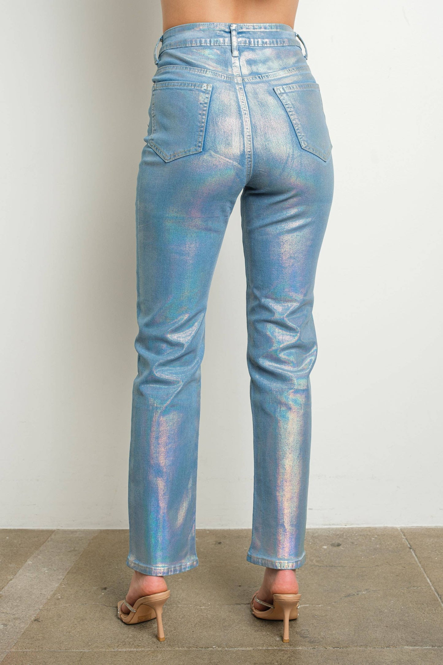 Back view of iridescent jeans