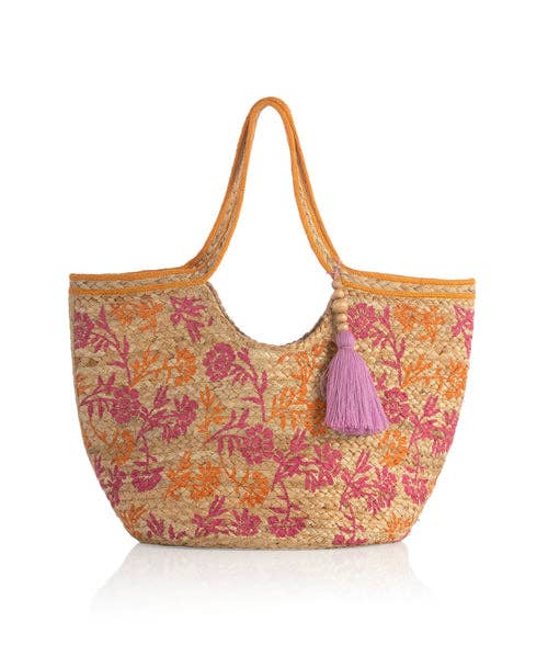 pink and orange jute tote bag with purple tassel