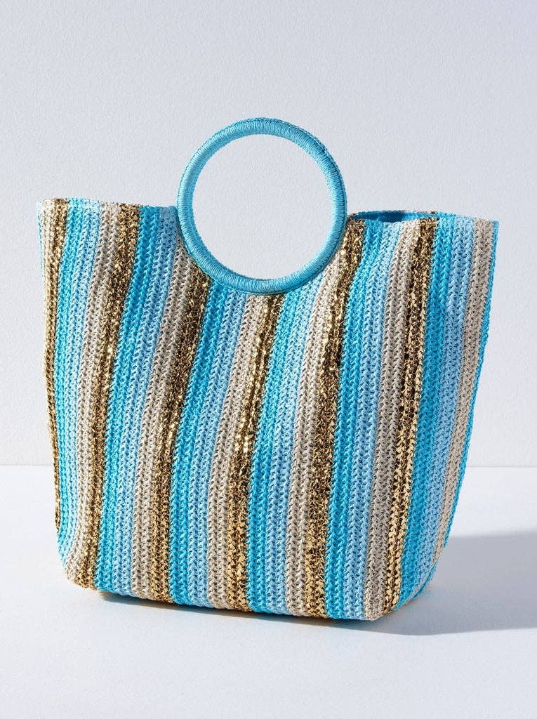 large tote bag with blue and gold metallic stripes