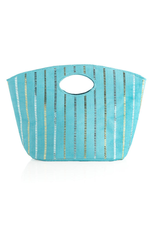 turquoise colored large tote bag with vertical metallic stripes
